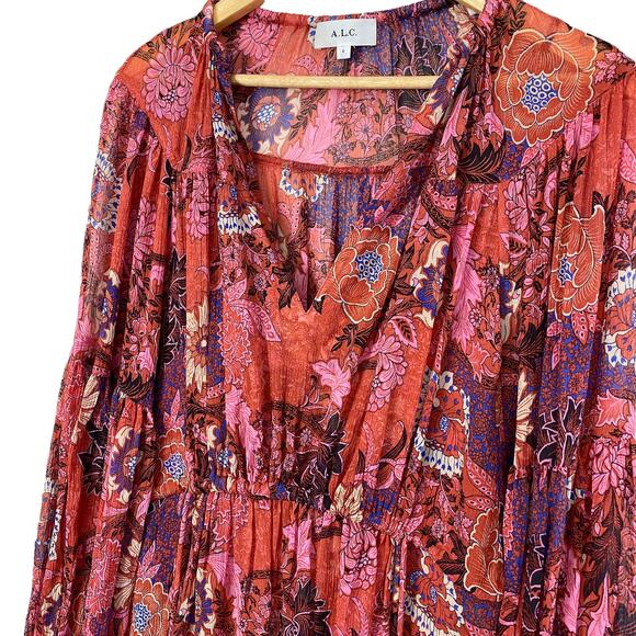 A.L.C. Elise Long Sleeve Silk Minidress in Pink/ Russet Multi, Size 0 - Picture 10 of 15